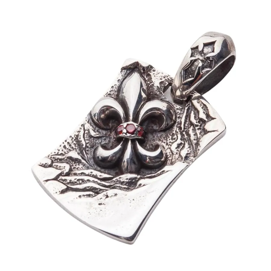 Garnet Fleur De Lis Sterling Silver Men's Dog Tag Pendant