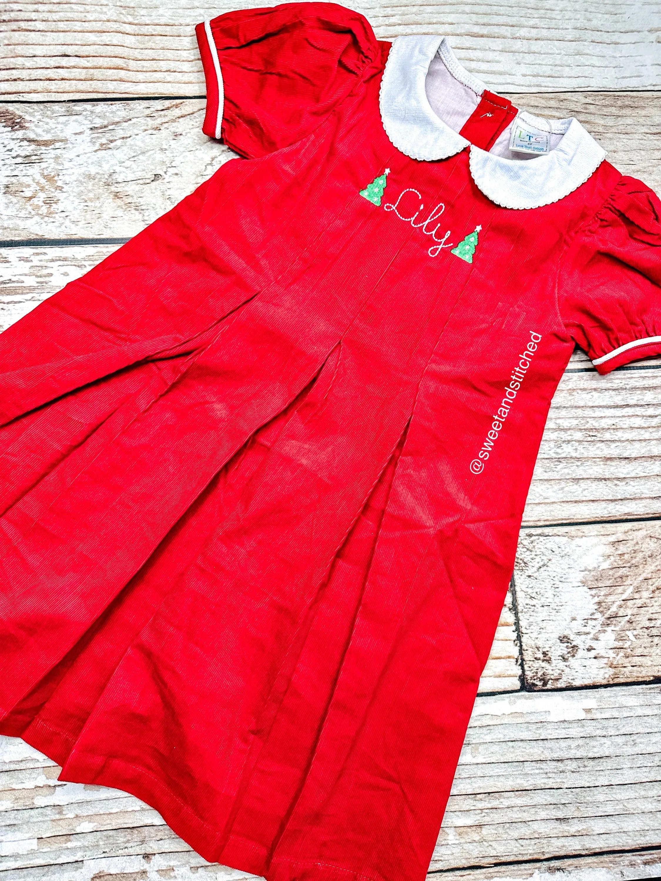 Girls monogrammed Christmas dress, Red Corduroy Collared Christmas dress, Monogrammed Corduroy Christmas dress with name and design