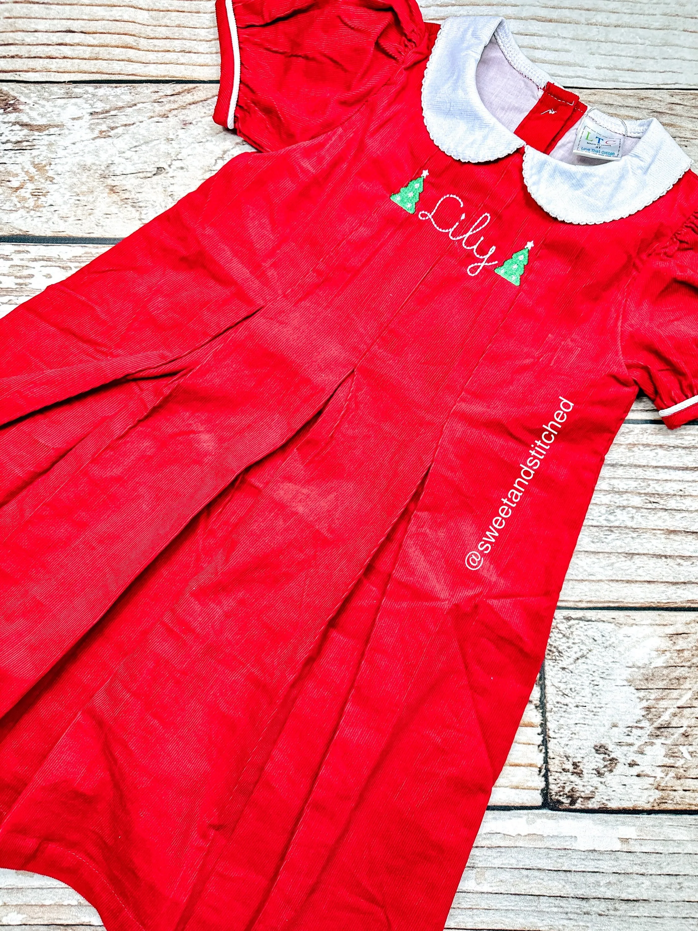 Girls monogrammed Christmas dress, Red Corduroy Collared Christmas dress, Monogrammed Corduroy Christmas dress with name and design