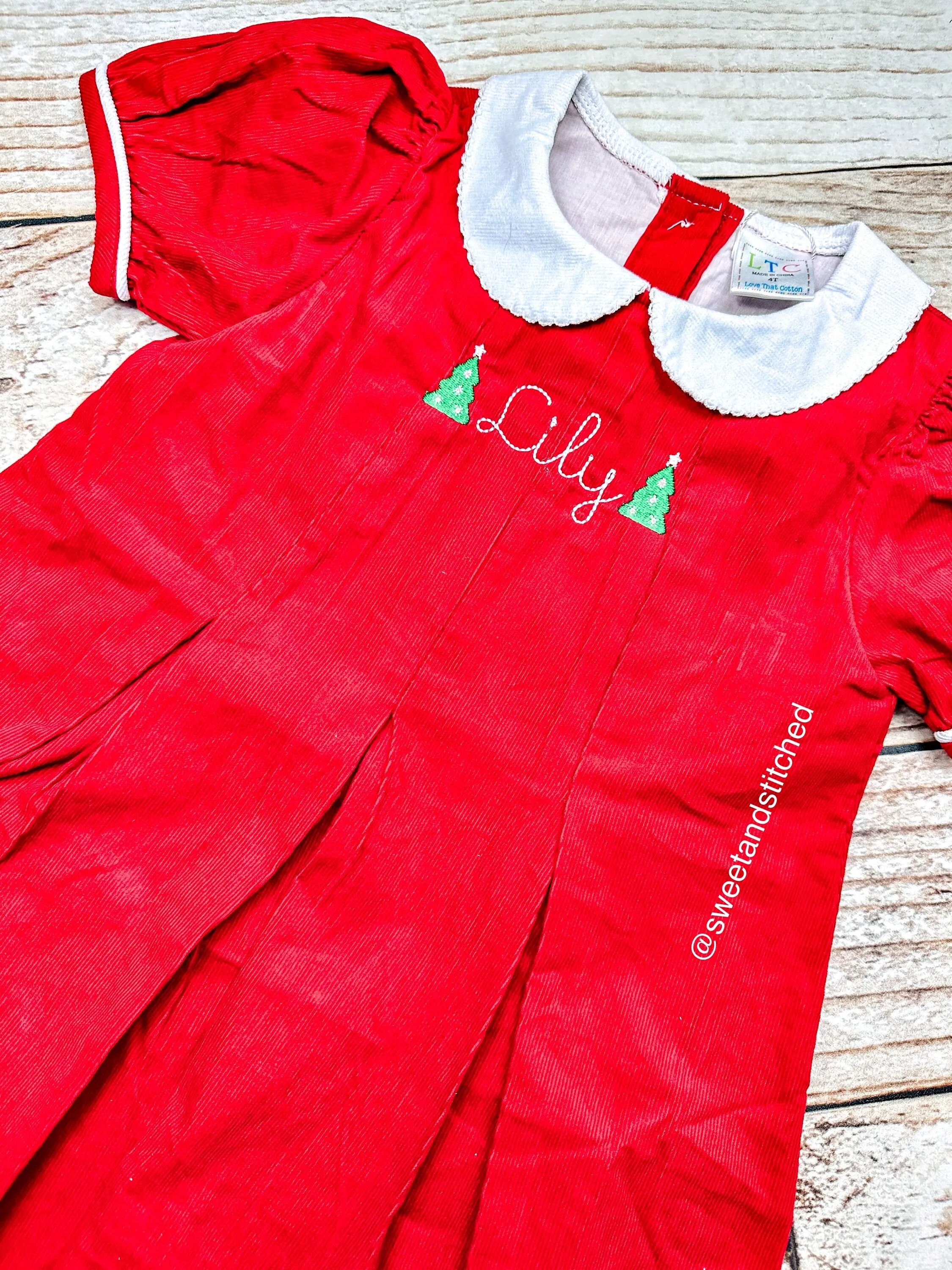 Girls monogrammed Christmas dress, Red Corduroy Collared Christmas dress, Monogrammed Corduroy Christmas dress with name and design