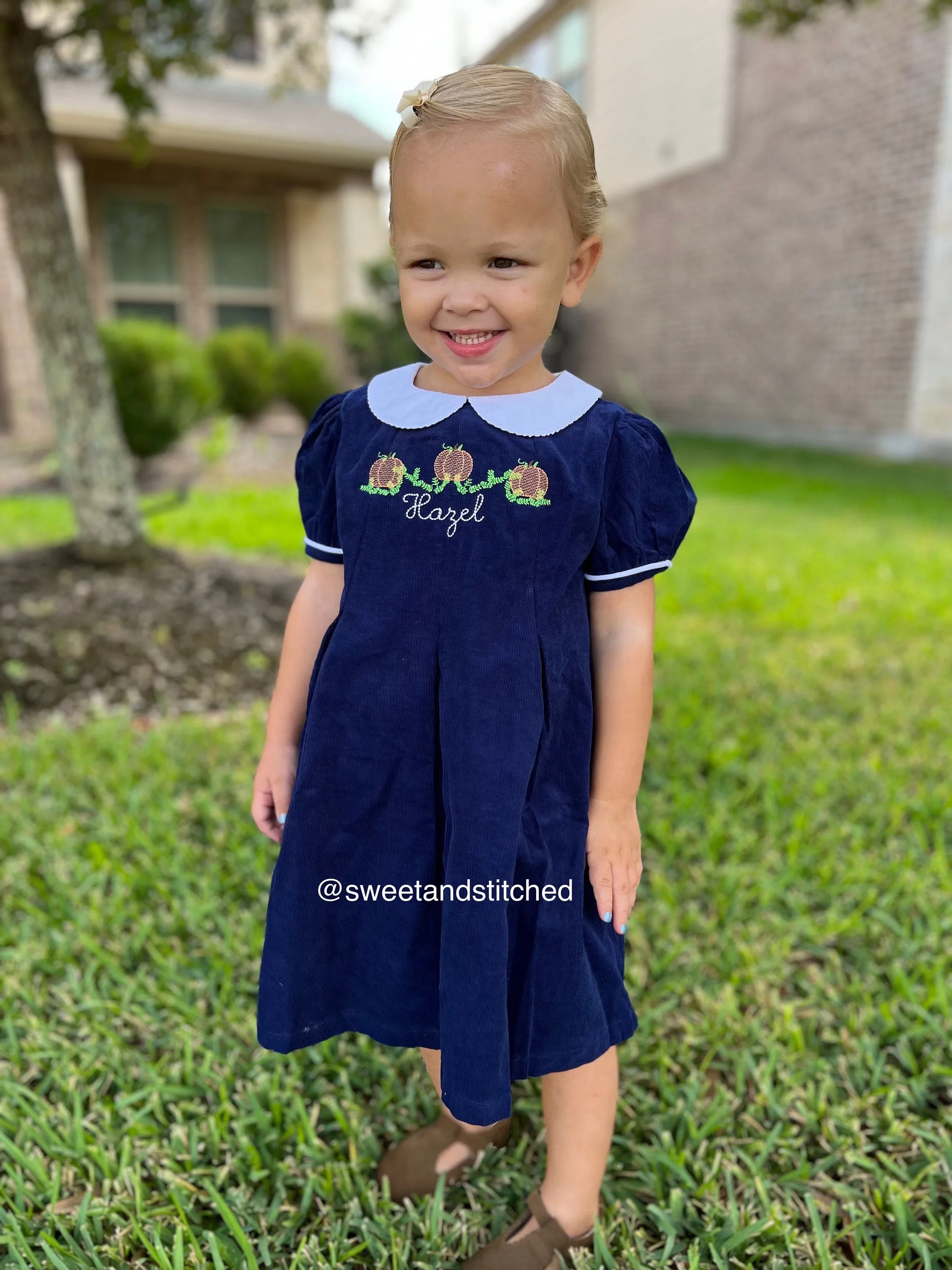 Girls monogrammed Pumpkin thanksgiving dress, Navy Corduroy Collared Fall dress, Corduroy Thanksgiving dress, pumpkin dress, turkey dress