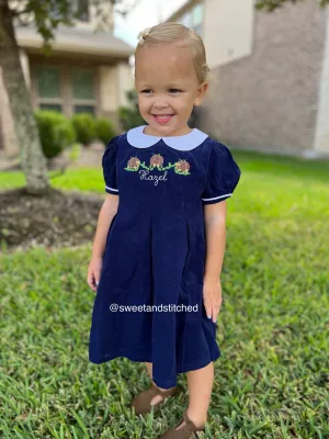 Girls monogrammed Pumpkin thanksgiving dress, Navy Corduroy Collared Fall dress, Corduroy Thanksgiving dress, pumpkin dress, turkey dress