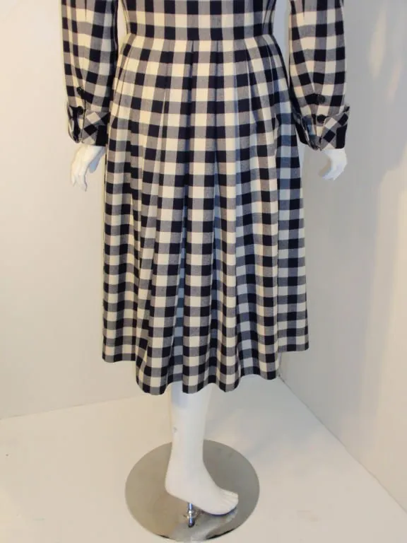 GIVENCHY 1980s  Navy and Cream Plaid Wool Fitted Flared Coat Dress