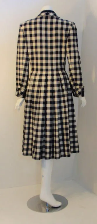 GIVENCHY 1980s  Navy and Cream Plaid Wool Fitted Flared Coat Dress