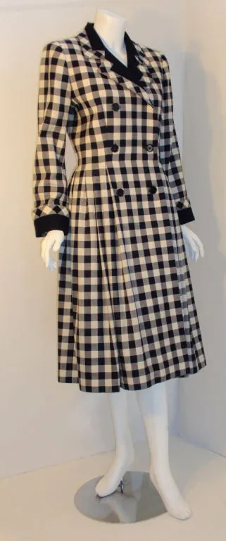 GIVENCHY 1980s  Navy and Cream Plaid Wool Fitted Flared Coat Dress