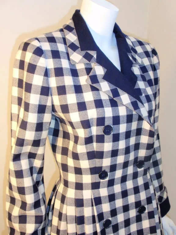GIVENCHY 1980s  Navy and Cream Plaid Wool Fitted Flared Coat Dress