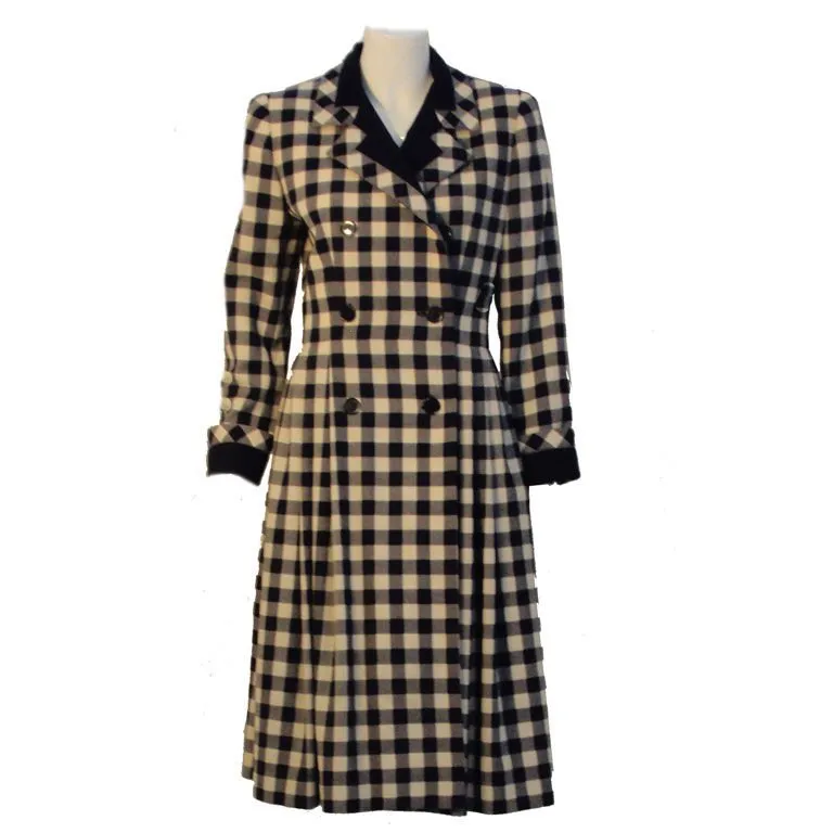 GIVENCHY 1980s  Navy and Cream Plaid Wool Fitted Flared Coat Dress