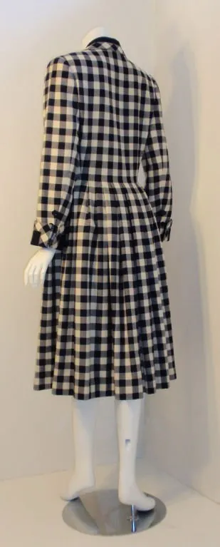 GIVENCHY 1980s  Navy and Cream Plaid Wool Fitted Flared Coat Dress