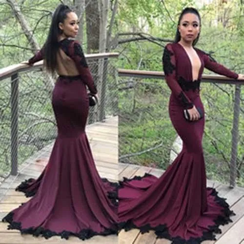 Gorgeous Purple Long Sleeves Mermaid Prom Dresses with Black Appliques, MP349