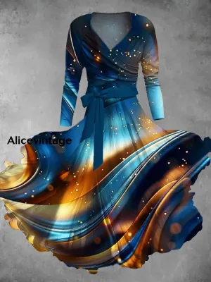 Gradient Aurora Art Print V-Neck Vintage Elegant Two-Piece Long Sleeve Midi Dress