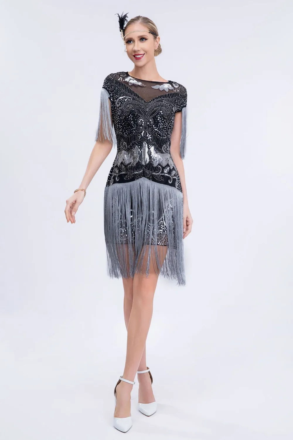 Grey Sequined Short 1920s Flapper Dress with Fringes