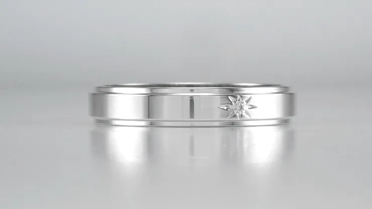 Grooved Edge Starburst Diamond Wedding Band in 14K White Gold - 4mm Wide