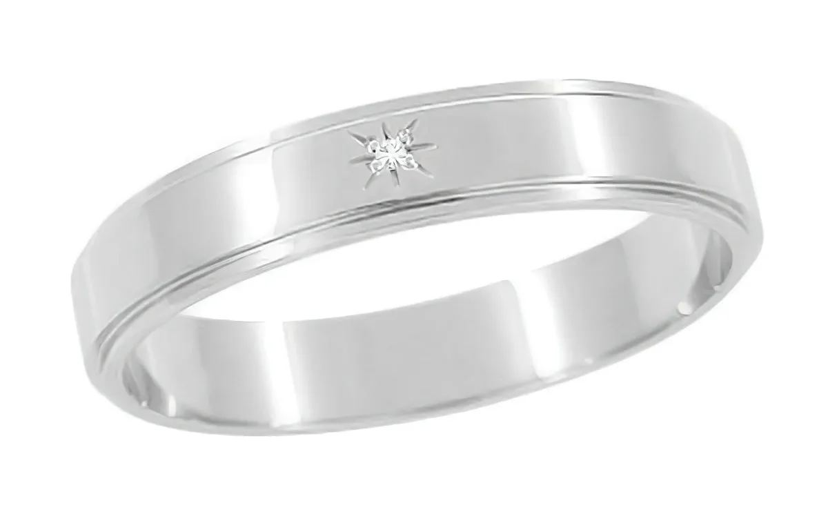 Grooved Edge Starburst Diamond Wedding Band in 14K White Gold - 4mm Wide
