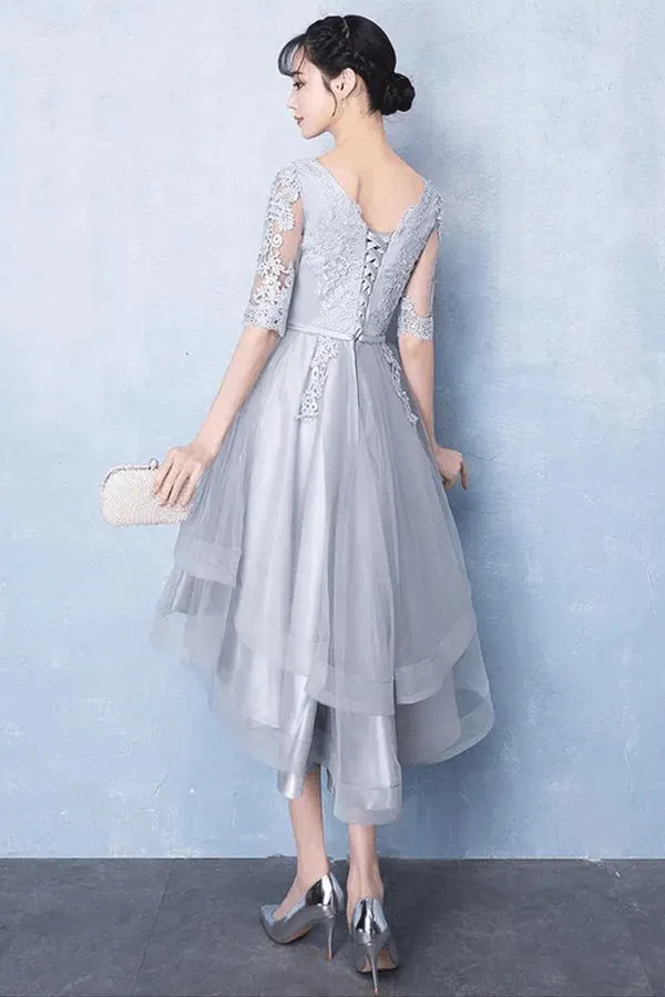 Half Sleeves High Low Grey Lace Homecoming Dresses HD0151