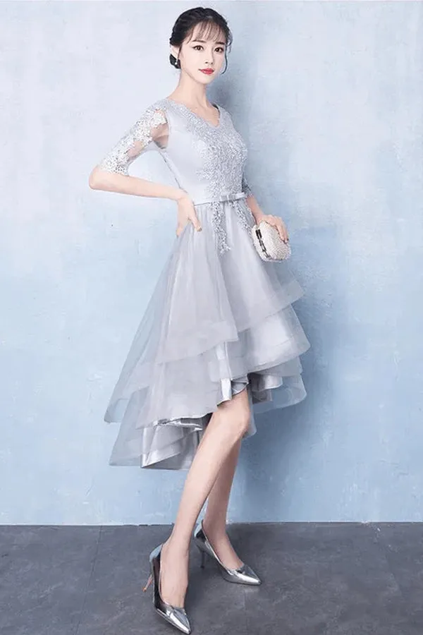 Half Sleeves High Low Grey Lace Homecoming Dresses HD0151