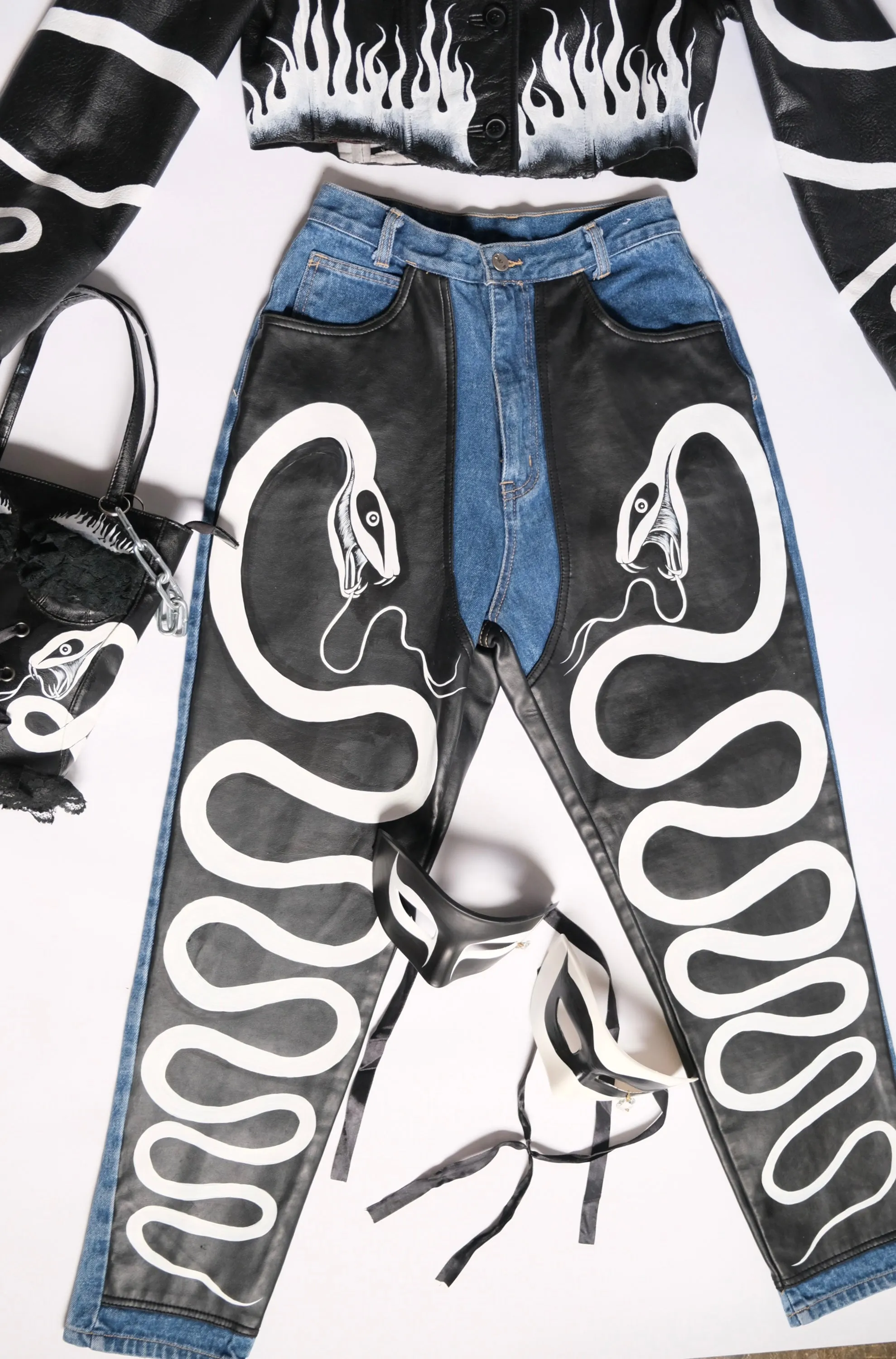 Hand Painted Harlequin Snake Leather Panel Jeans