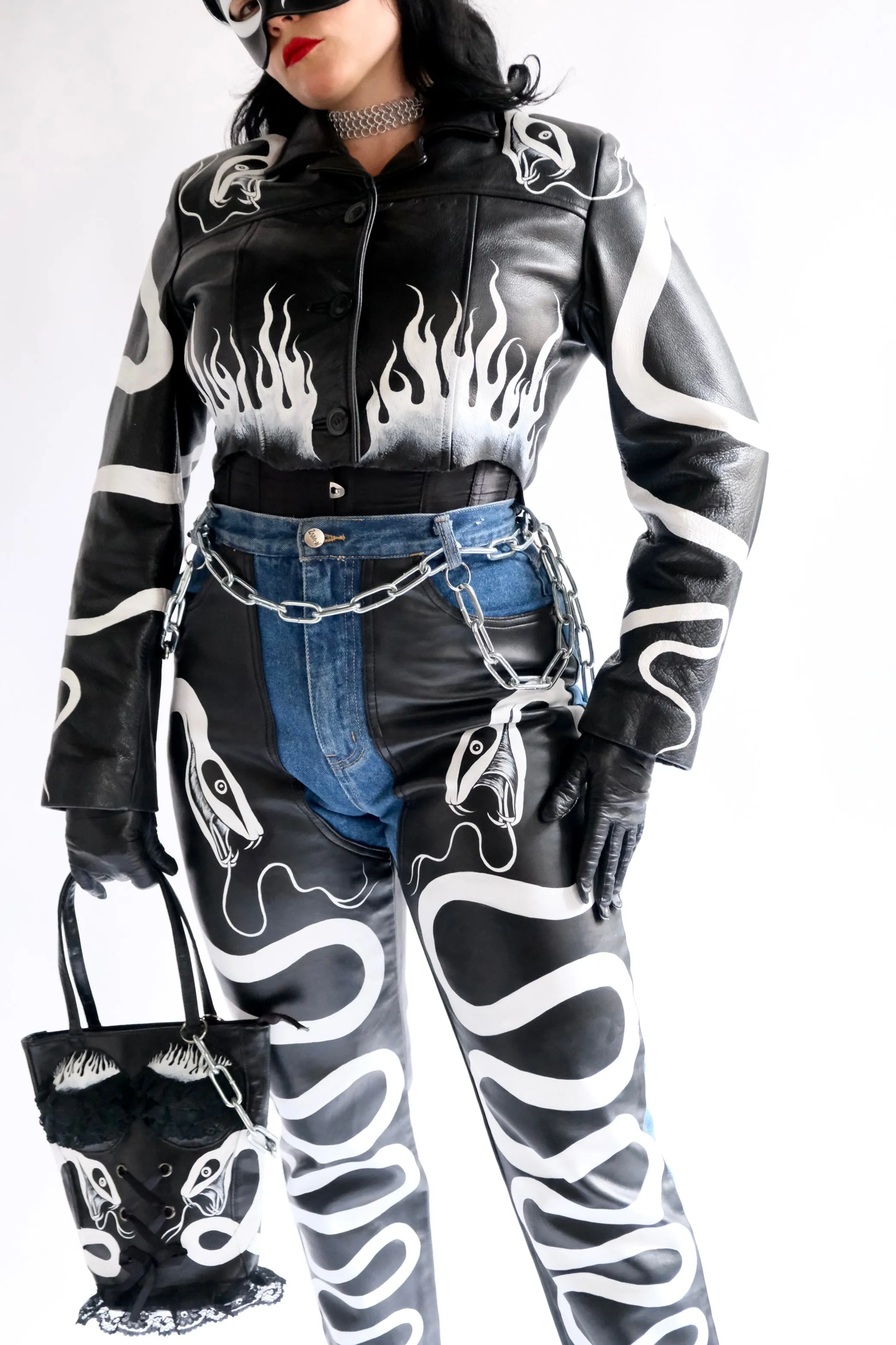 Hand Painted Harlequin Snake Leather Panel Jeans