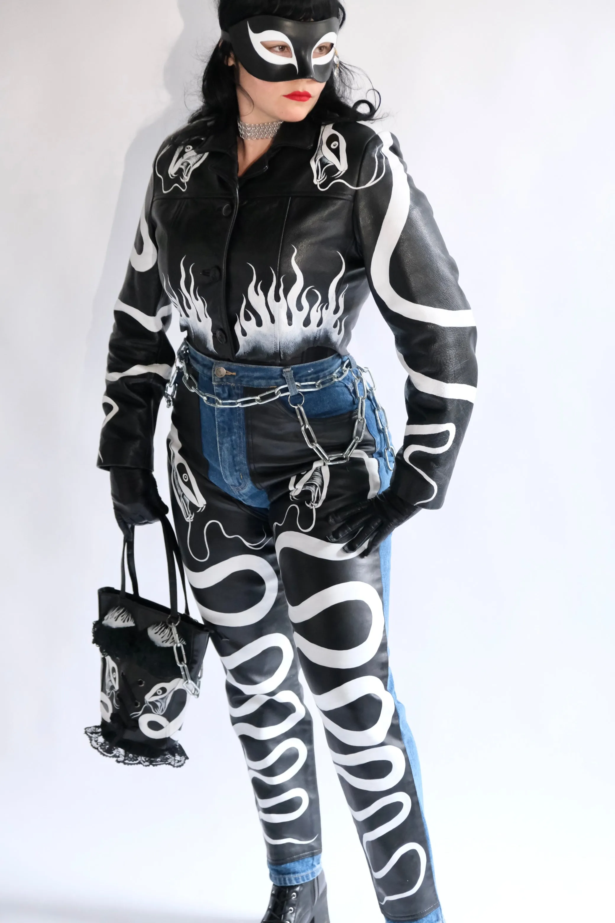 Hand Painted Harlequin Snake Leather Panel Jeans