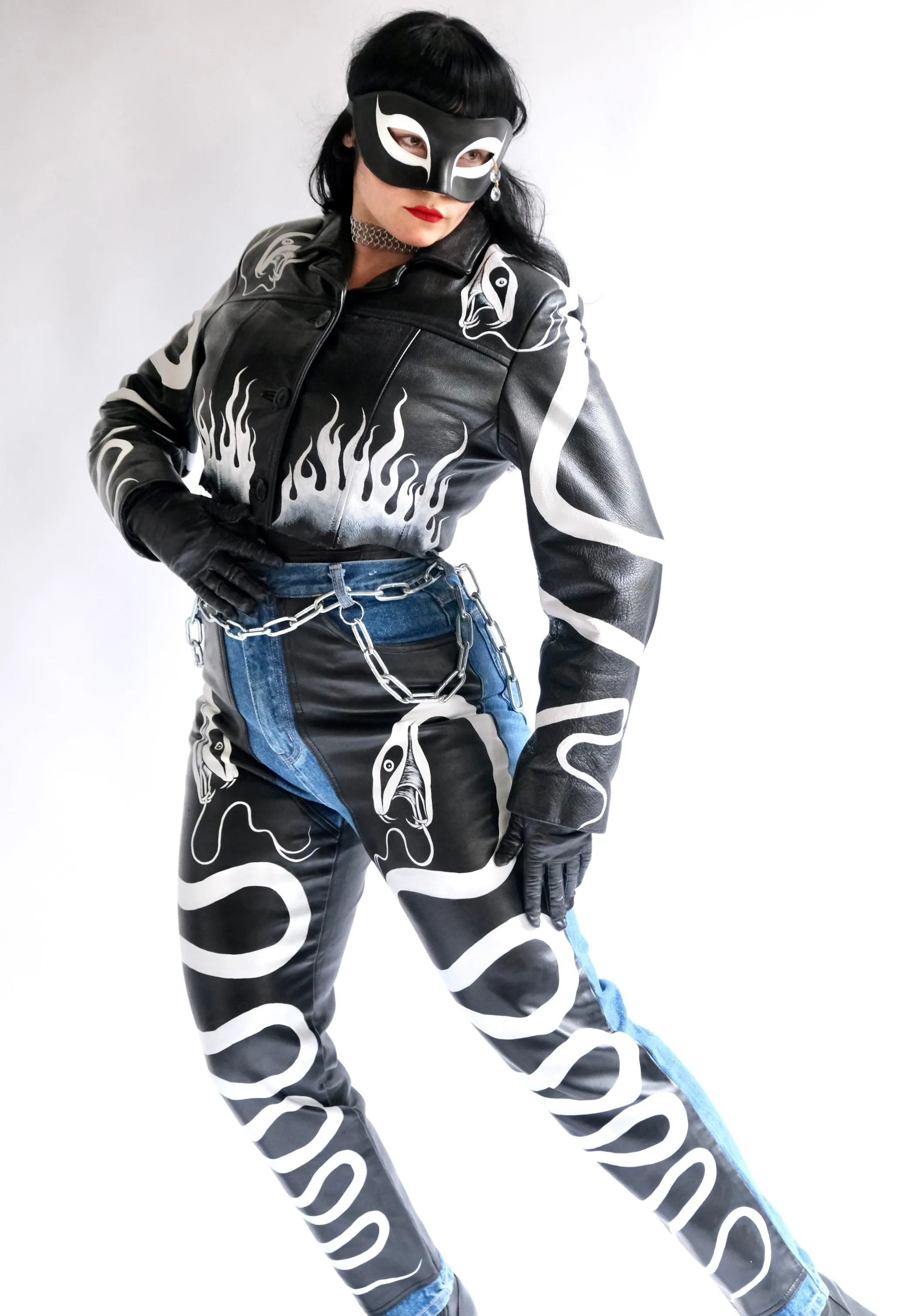 Hand Painted Harlequin Snake Leather Panel Jeans