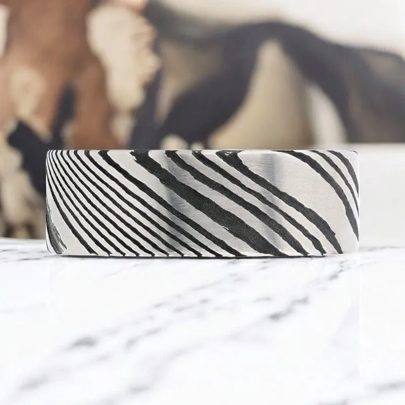 HANZO | Black Damascus Steel Ring, Vivid Etched Design, Flat