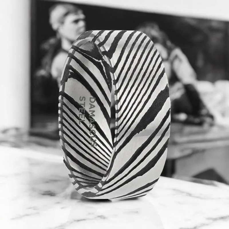 HANZO | Black Damascus Steel Ring, Vivid Etched Design, Flat