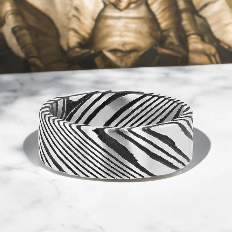 HANZO | Black Damascus Steel Ring, Vivid Etched Design, Flat