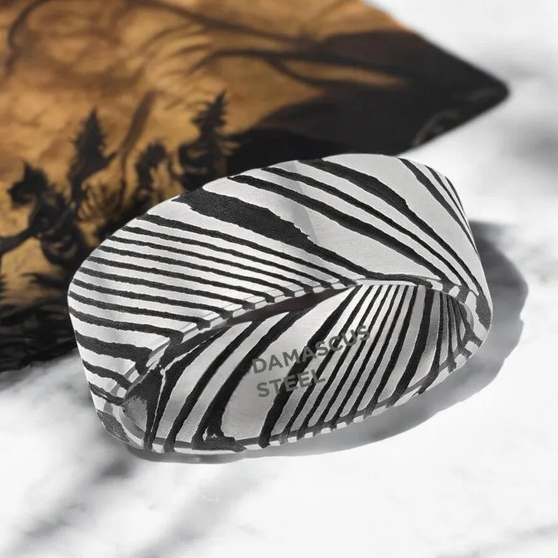 HANZO | Black Damascus Steel Ring, Vivid Etched Design, Flat