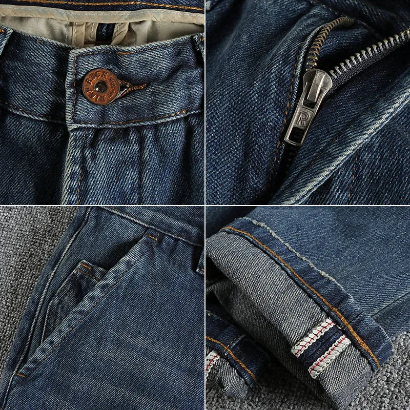 Heavyweight Twill Denim Jeans - Men's Fashion 90% Cotton Washed Old Loose Straight Youth Casual Pants