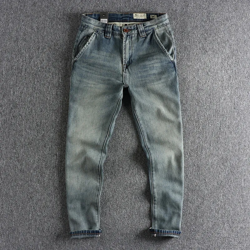 Heavyweight Twill Denim Jeans - Men's Fashion 90% Cotton Washed Old Loose Straight Youth Casual Pants