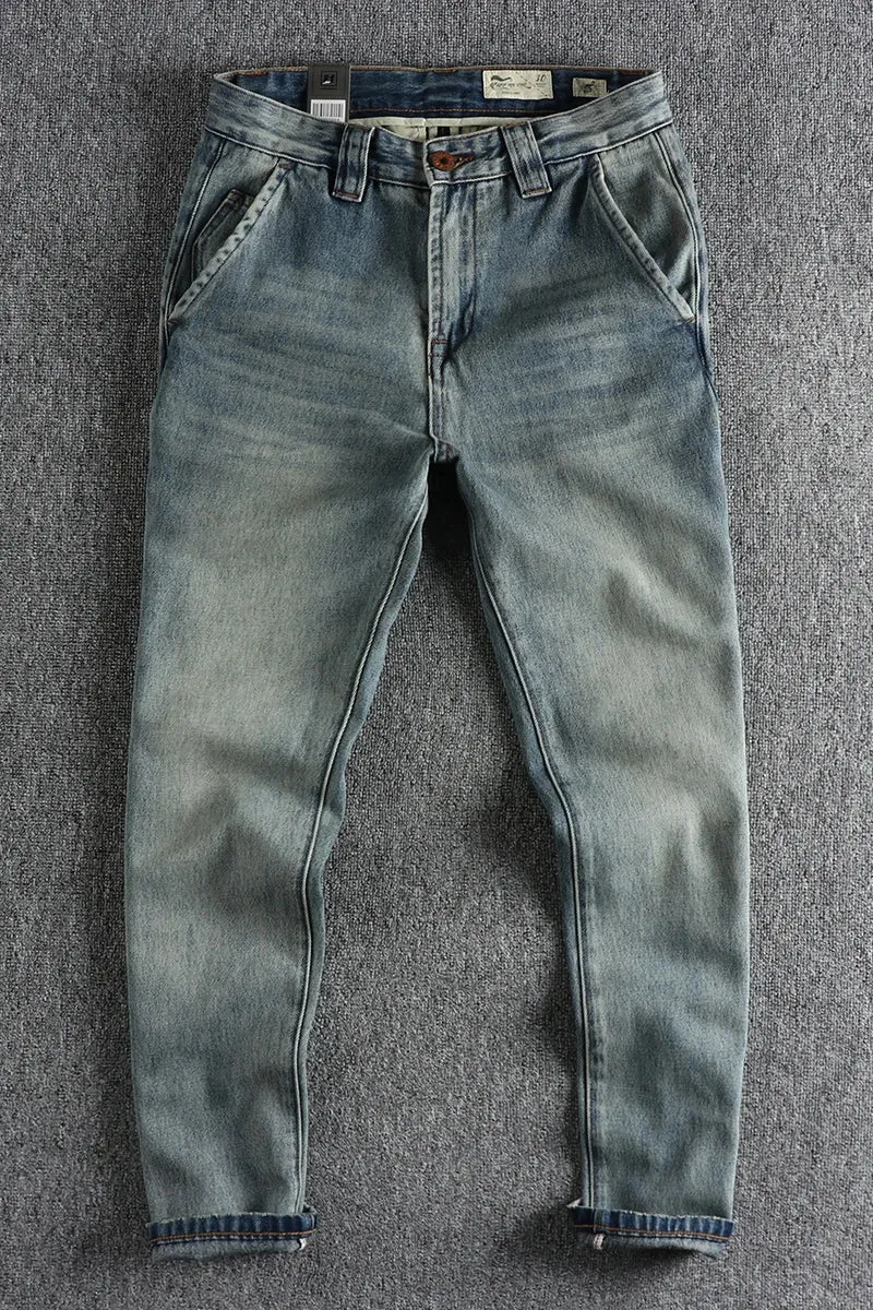 Heavyweight Twill Denim Jeans - Men's Fashion 90% Cotton Washed Old Loose Straight Youth Casual Pants