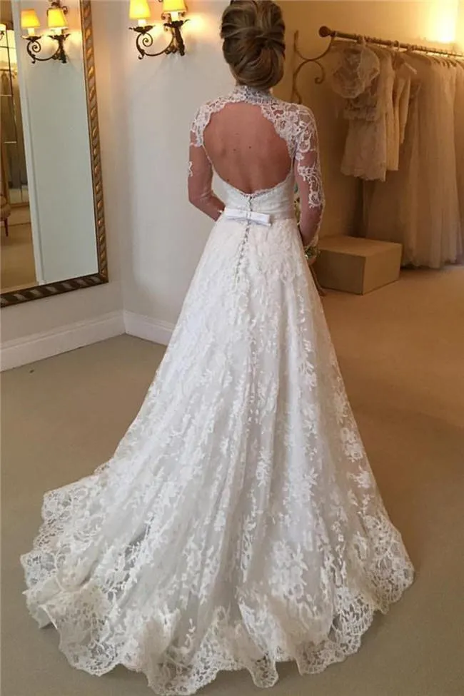 High Neckline Lace A line Long Sleeve Open Back Wedding Dress, Bridal Dresses, MW166
