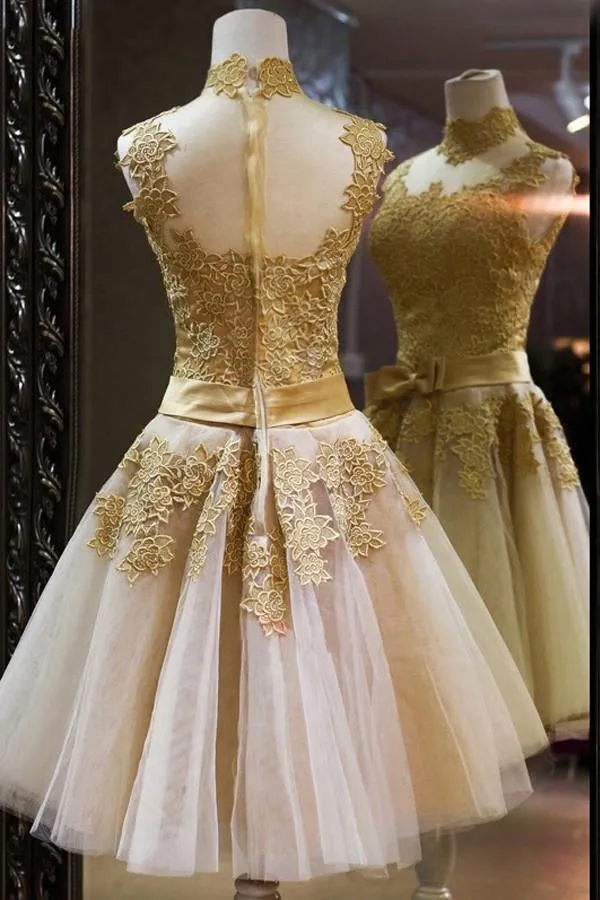High Quality Vintage High Neck Bowknot Lace Homecoming Dresses PG081