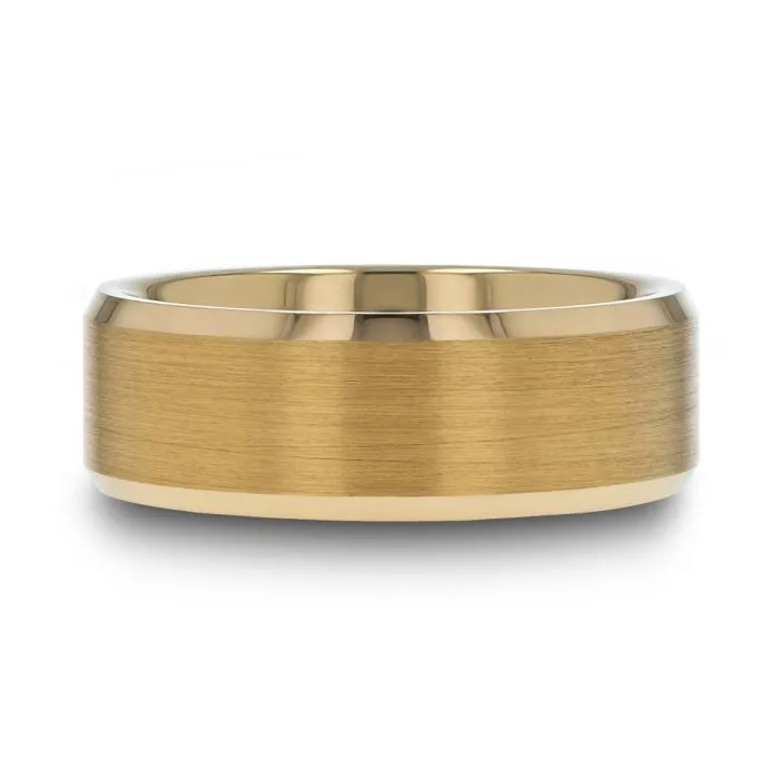 HONOR Gold-Plated Tungsten Beveled Polished Edges Flat Ring with Brushed Center