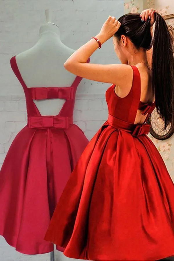Hot-selling Bateau Satin Knee-Length Red Homecoming Dress With Bowknot TR0117