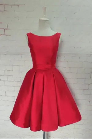 Hot-selling Bateau Satin Knee-Length Red Homecoming Dress With Bowknot TR0117