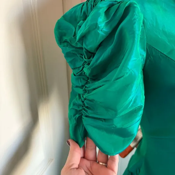 Iridescent Taffeta Jade Tea Length Dress with Gathered Sleeves size 10