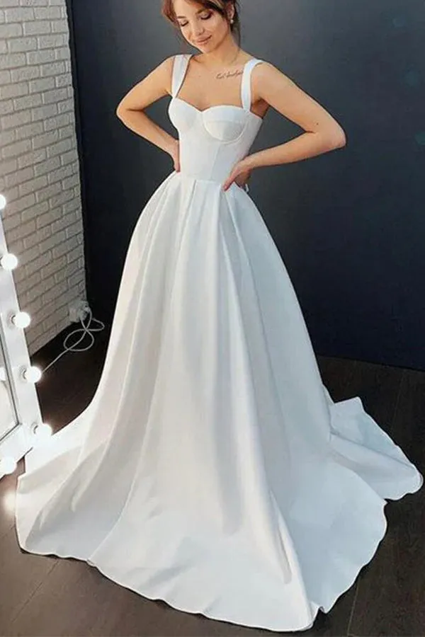 Ivory A Line Sweetheart Satin Simple Wedding Dresses Bridal Gown TN397
