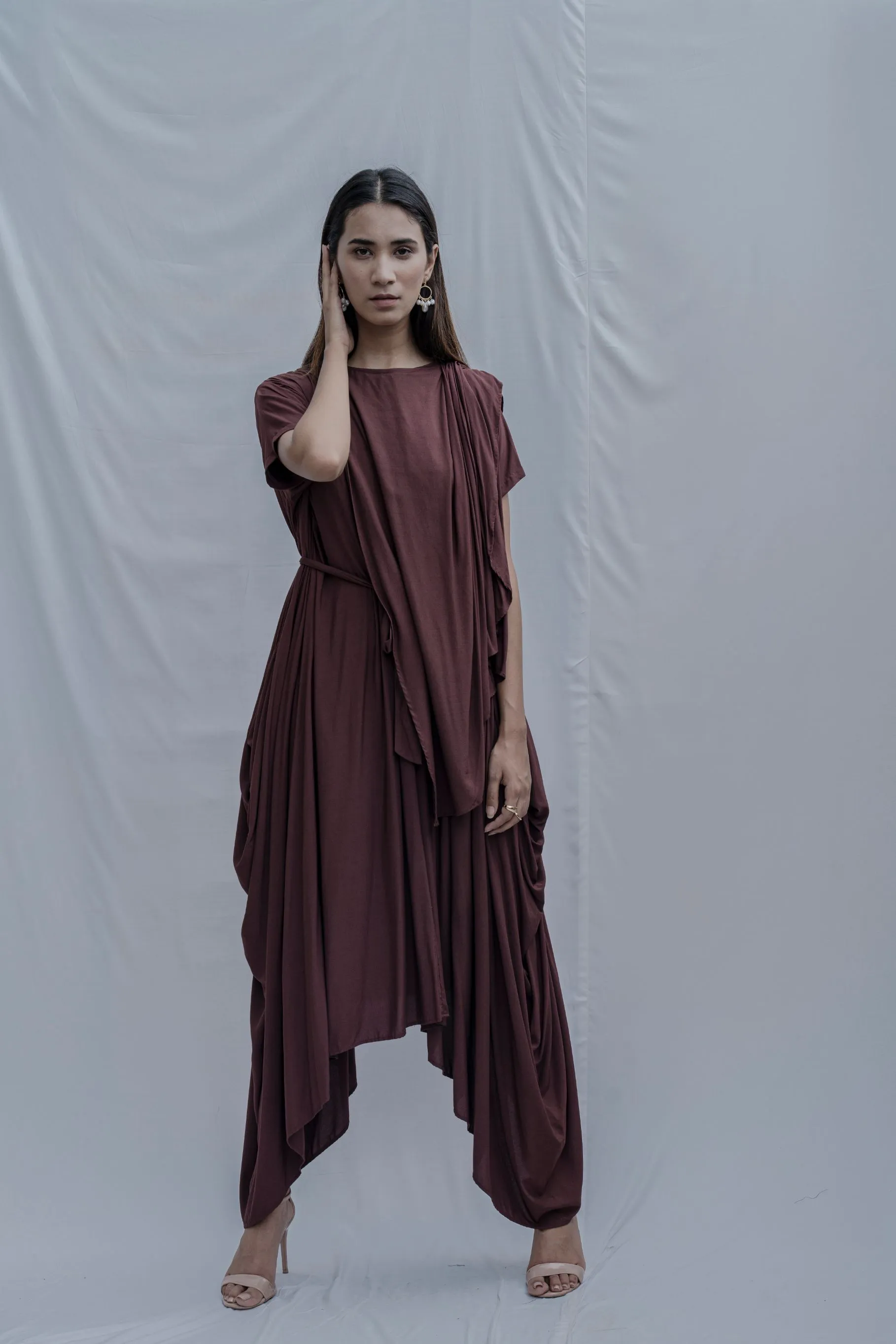 Jess- Brown Overlap Asymmetric Draped Dress