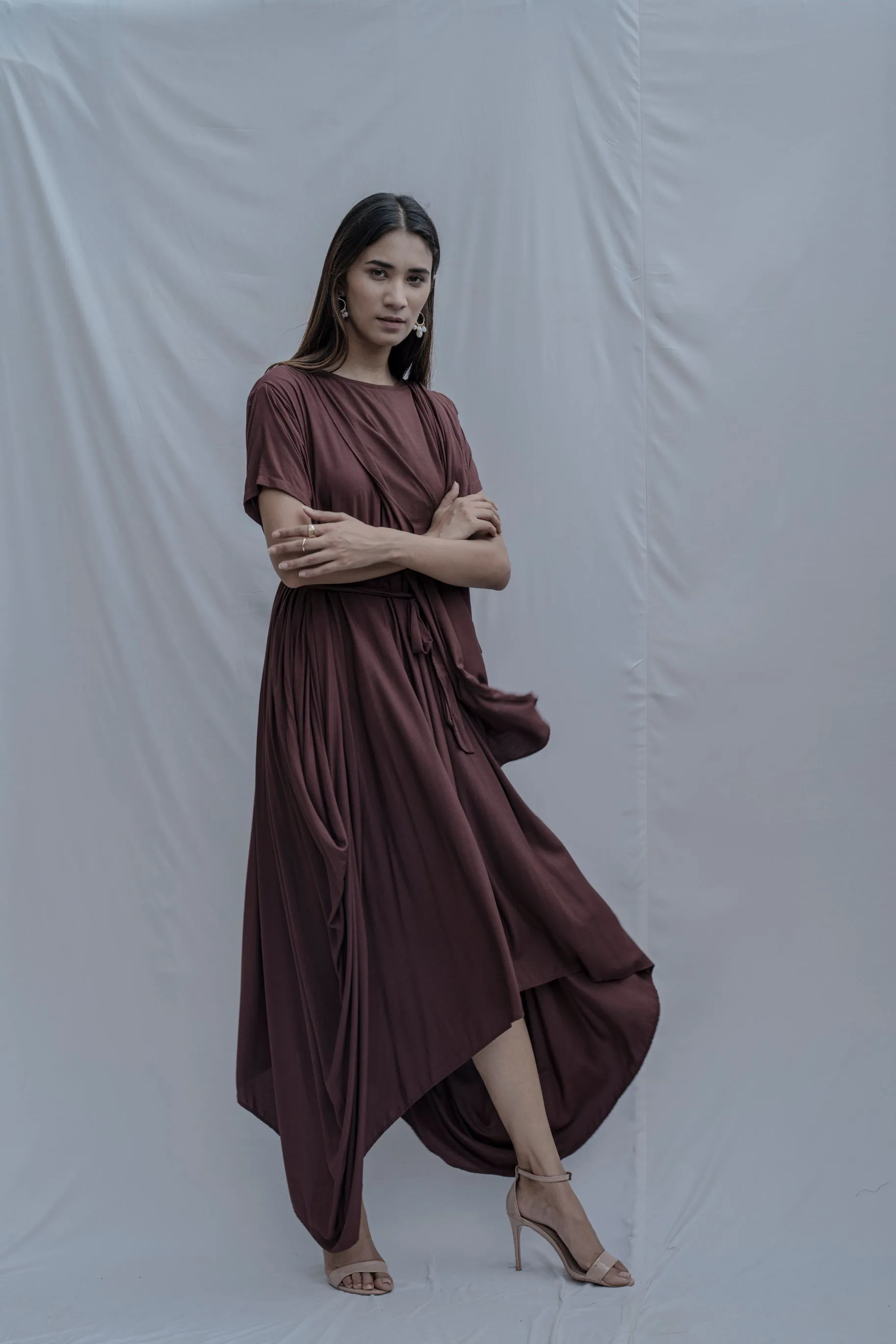 Jess- Brown Overlap Asymmetric Draped Dress