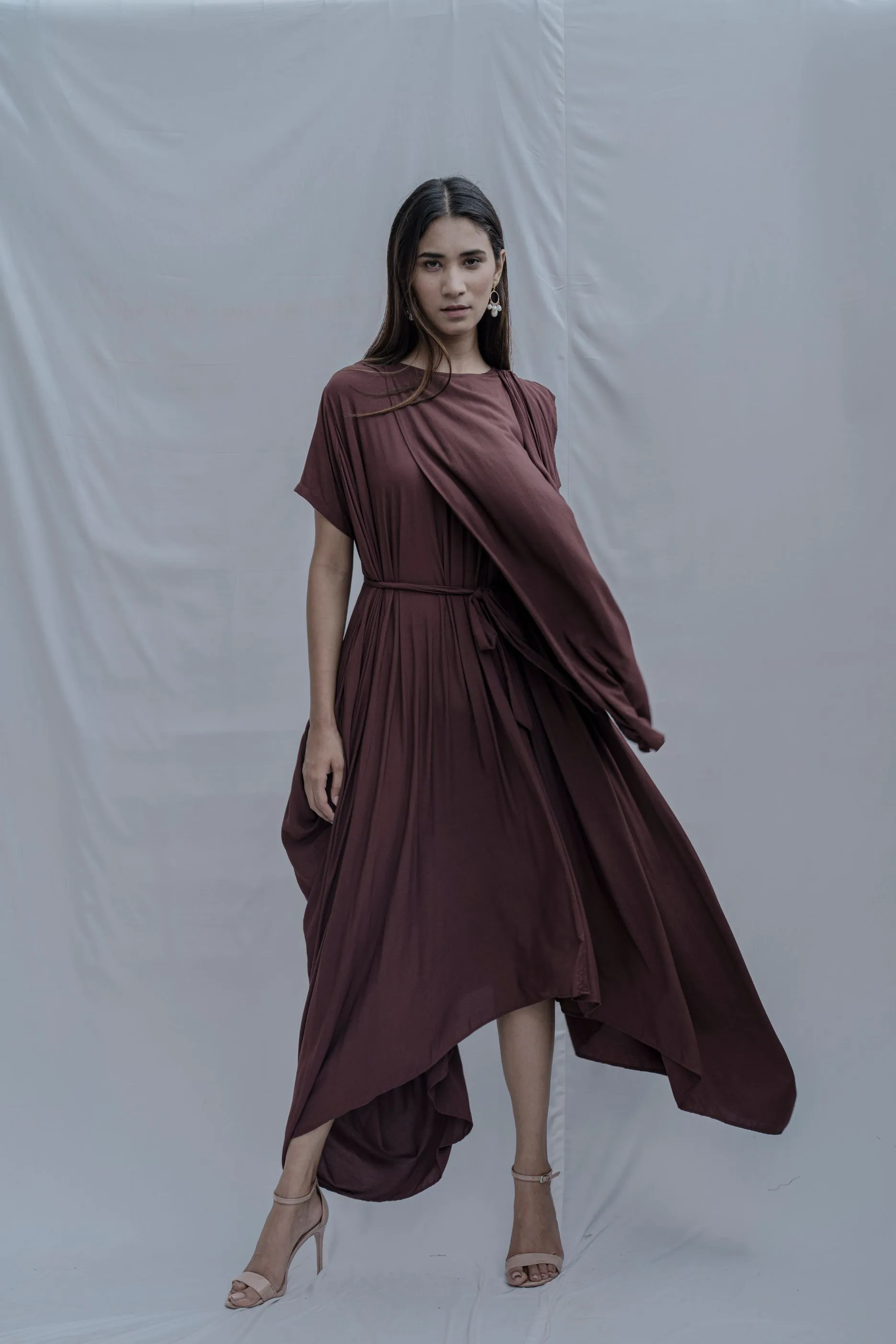 Jess- Brown Overlap Asymmetric Draped Dress