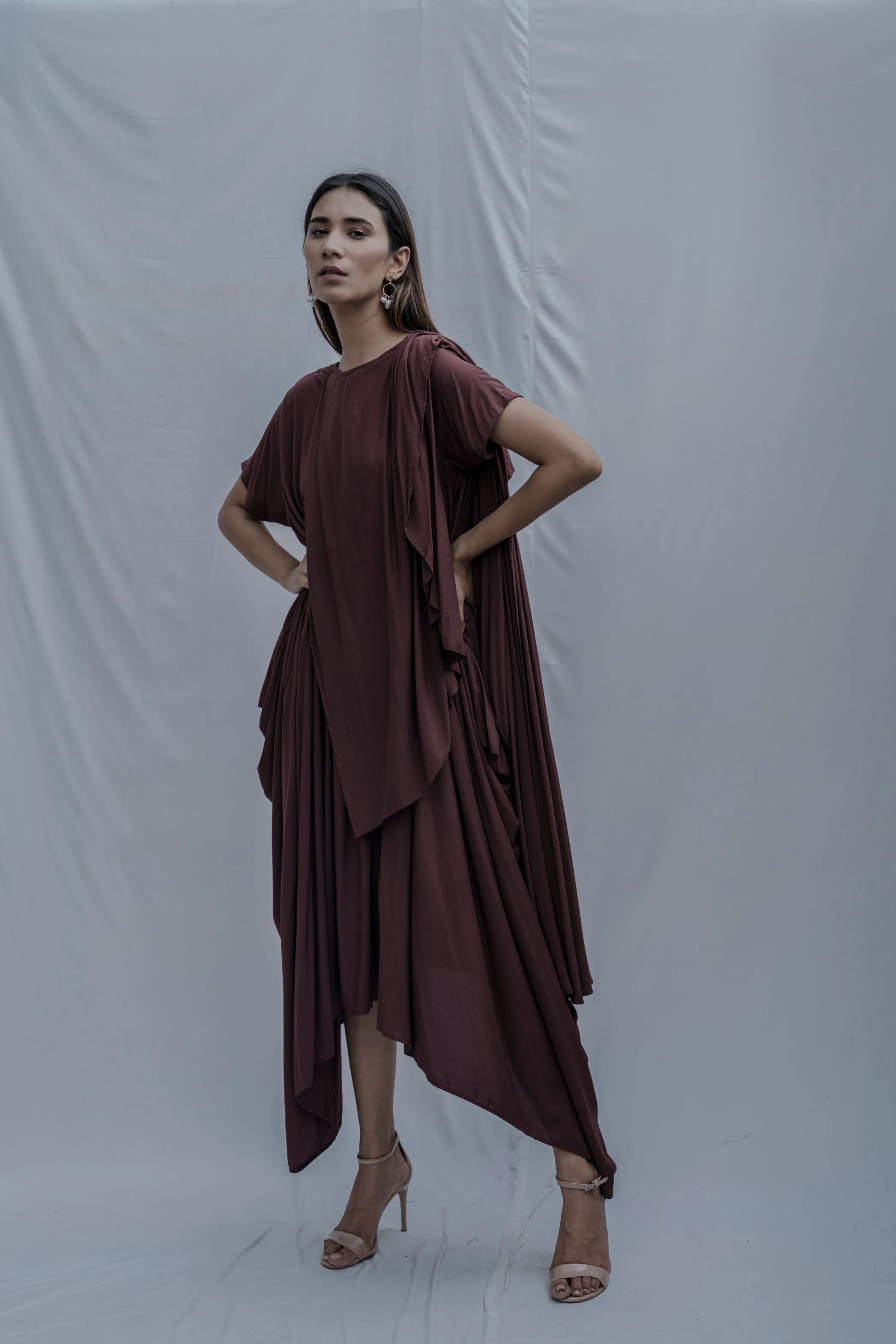 Jess- Brown Overlap Asymmetric Draped Dress