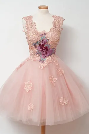 Knee-Length Ball Gown Pink Homecoming Dress With Appliques Embroidery TR0103