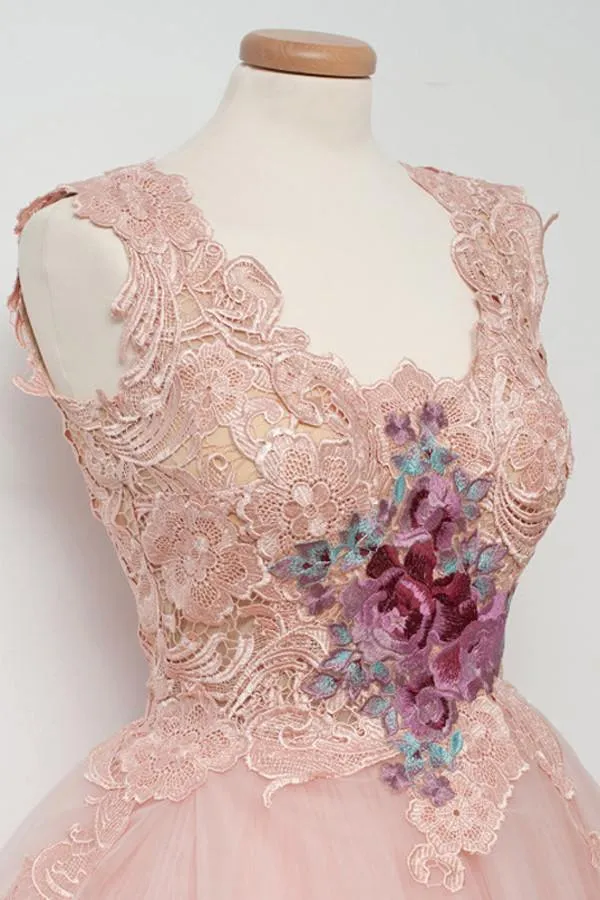 Knee-Length Ball Gown Pink Homecoming Dress With Appliques Embroidery TR0103