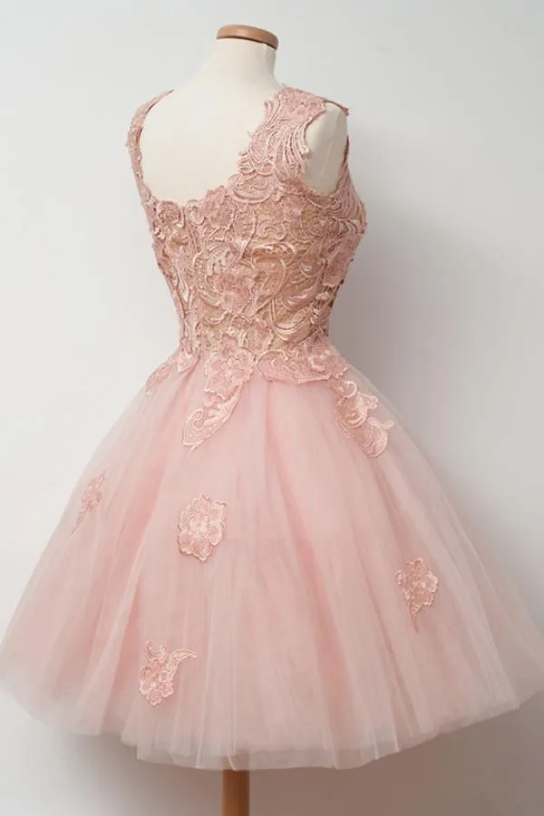 Knee-Length Ball Gown Pink Homecoming Dress With Appliques Embroidery TR0103