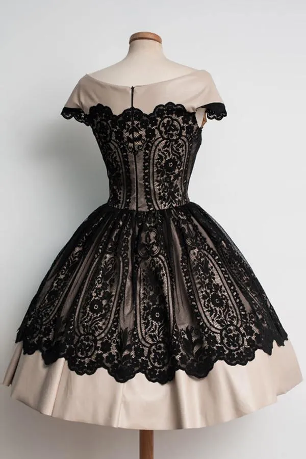 Knee-Length Cap Sleeves Homecoming Dresses With Black Lace TR0107