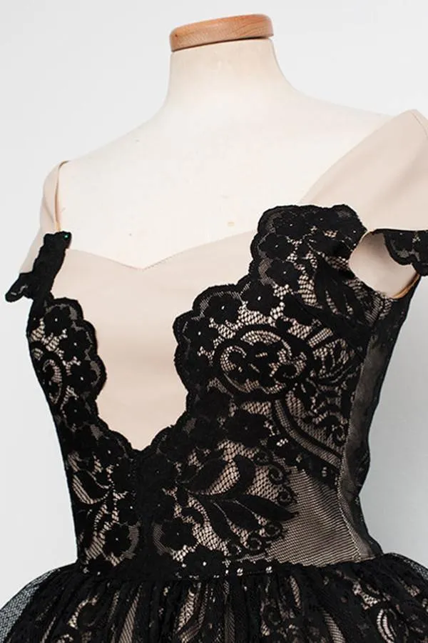 Knee-Length Cap Sleeves Homecoming Dresses With Black Lace TR0107