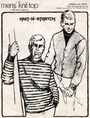 Knit N Stretch 300 A Mens Stretch Top & Cardigan 1970s Vintage Sewing Pattern Size 12 - 26 UNCUT Factory Folded