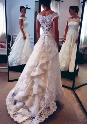 Lace Sabrina Neckline Vintage Bridal Dress wtih Removable Sash