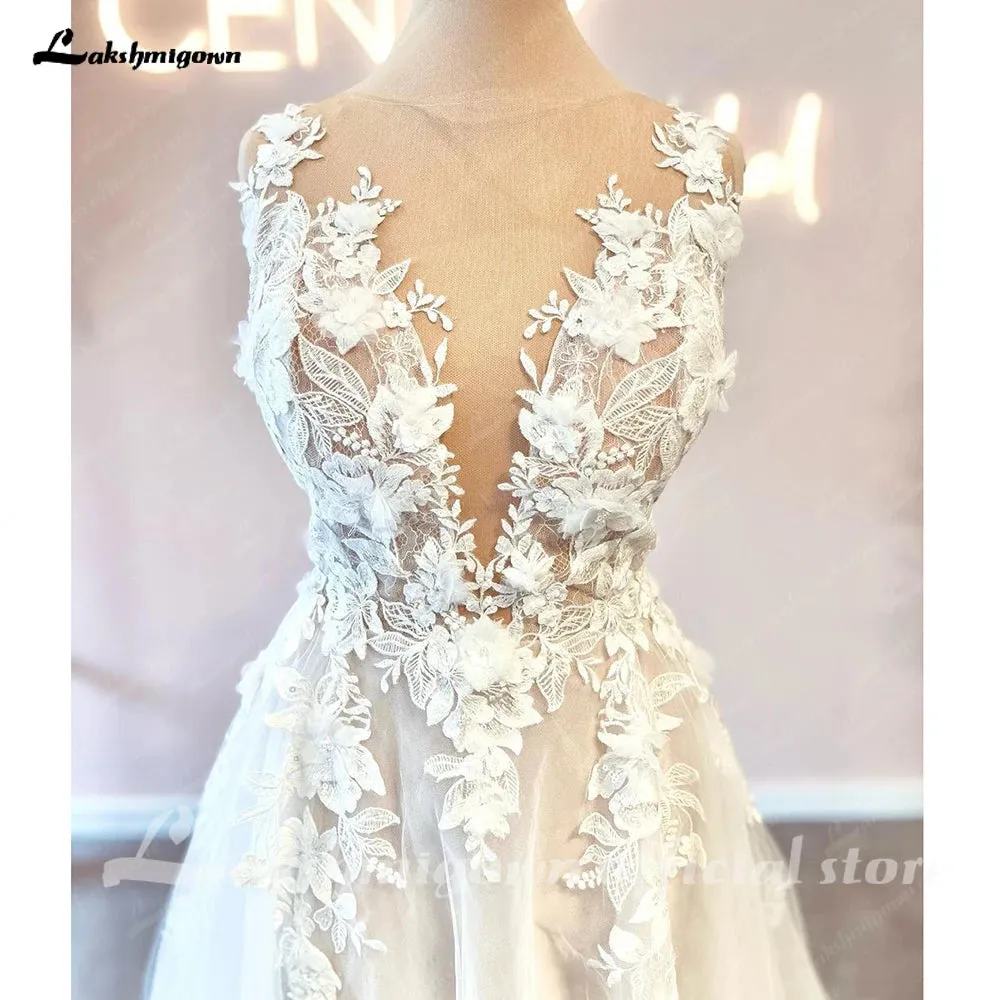 Lakshmigown Vintage Lace Appliques Backless Wedding Dress with V Neck 2024 3D Flowers Bridal Gown