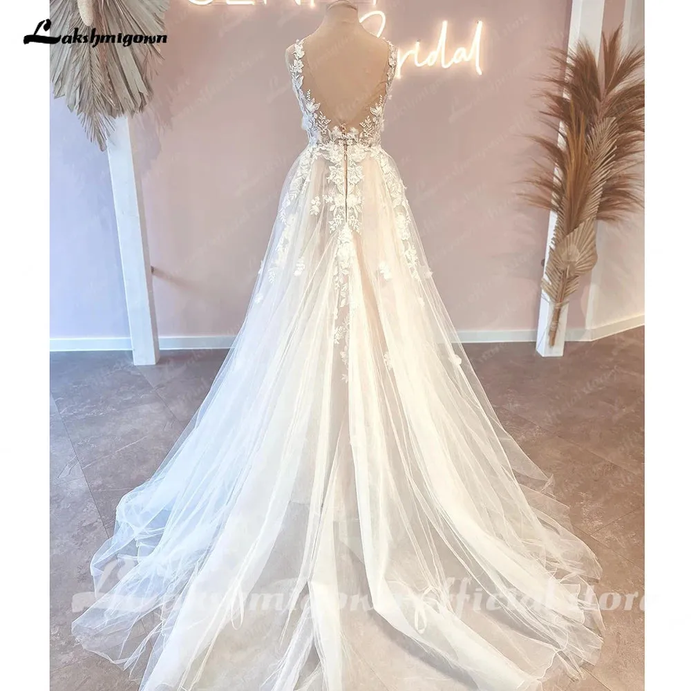 Lakshmigown Vintage Lace Appliques Backless Wedding Dress with V Neck 2024 3D Flowers Bridal Gown